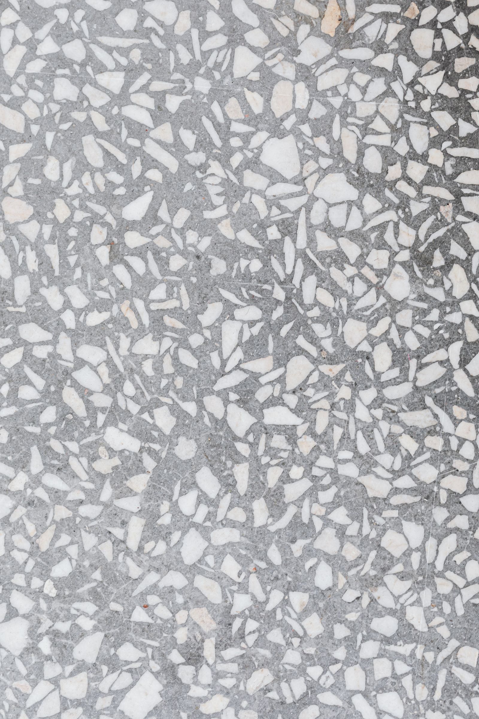 A close-up of a grey terrazzo surface flecked with white and grey stone chips