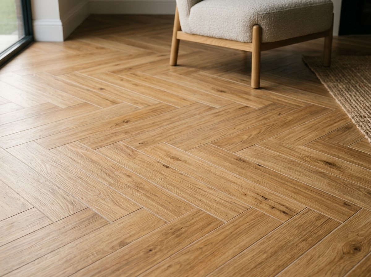 Herringbone wood-look porcelain floor
