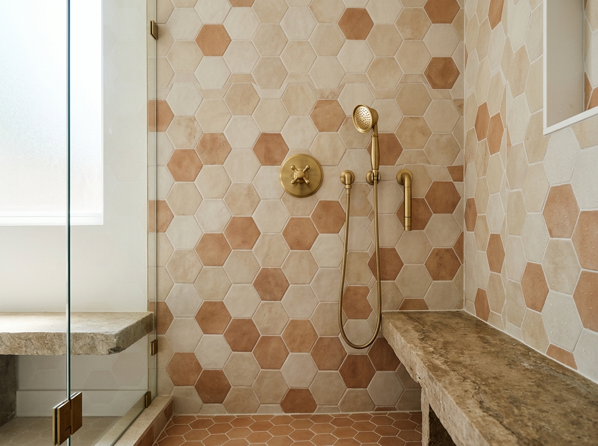 Hexagon tile walk-in shower