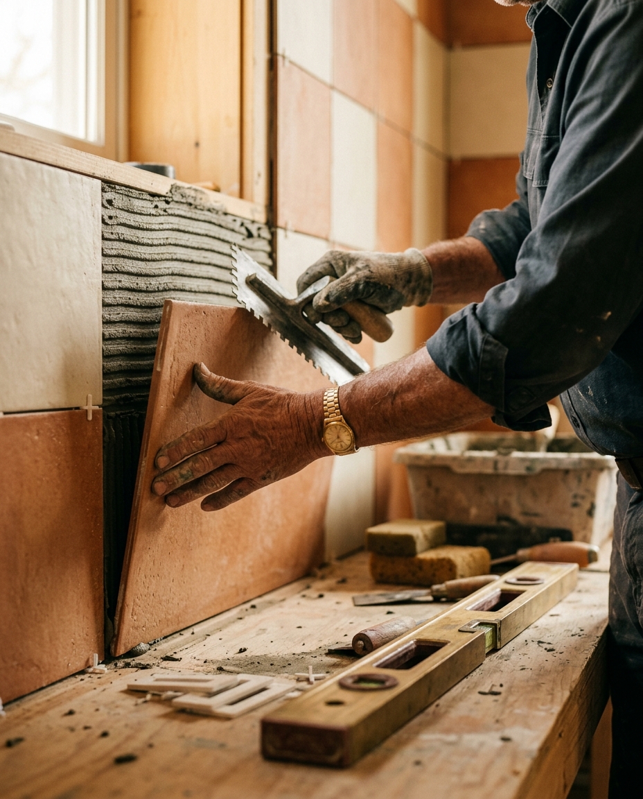 Third-generation tile installer setting a large-format tile with a notched trowel
