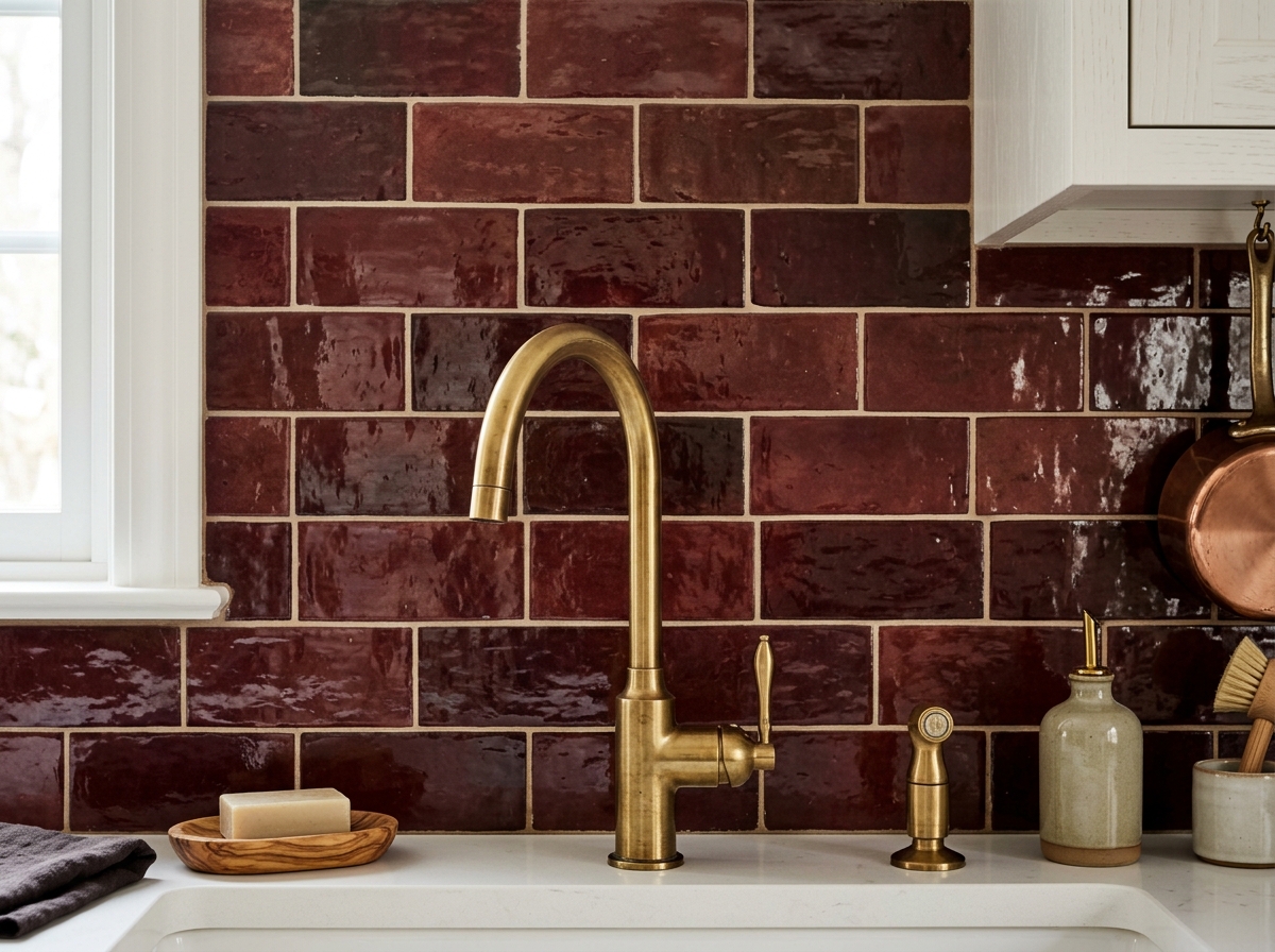 Deep red subway tile kitchen backsplash